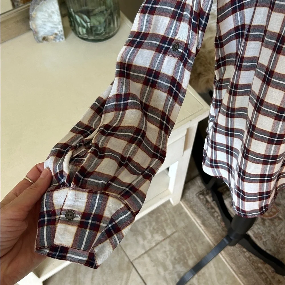Ann Taylor loft white navy maroon plaid long sleeve boxy sheer blouse top M​​ - Picture 3 of 11